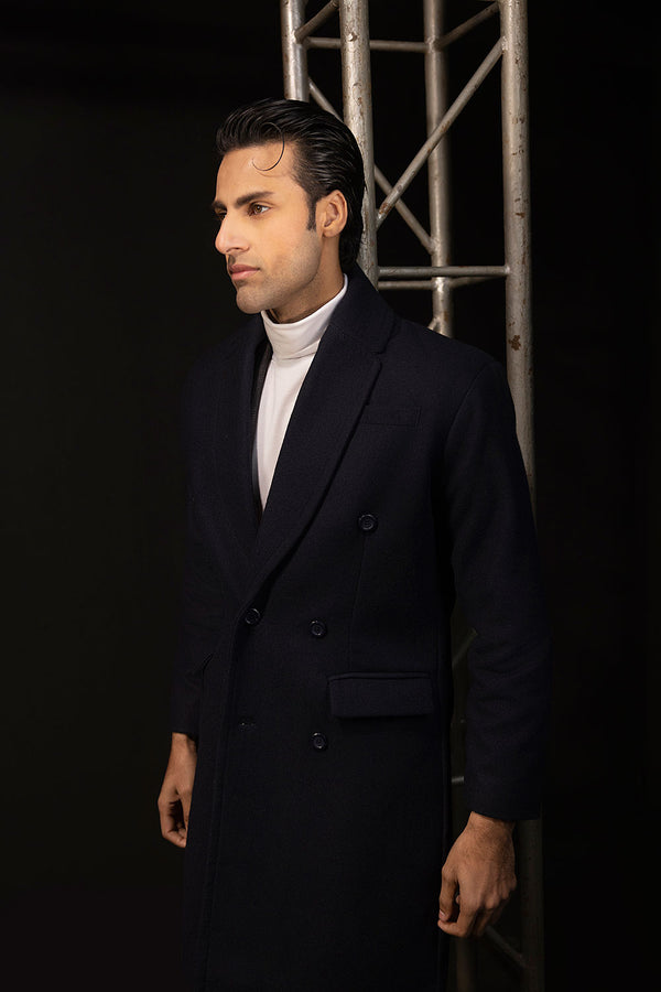 Navy Blue Double Breasted Wool Over Coat
