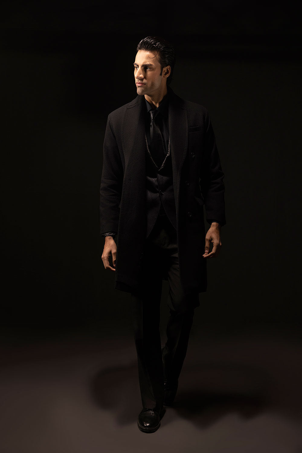 Black Double Breasted Wool Over Coat