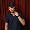Navy Blue Plisse Johnny Collar Polo