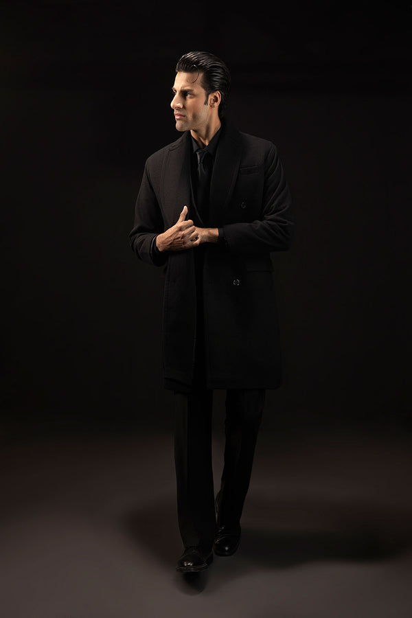 Black Double Breasted Wool Over Coat