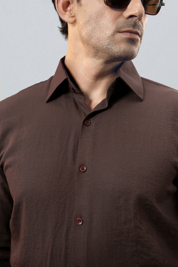 Brown Premium Viscose Linen Shirt With Cutaway Collar