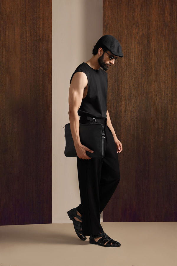 Black Viscose Lux Wide-Leg Trouser with Front Buckle