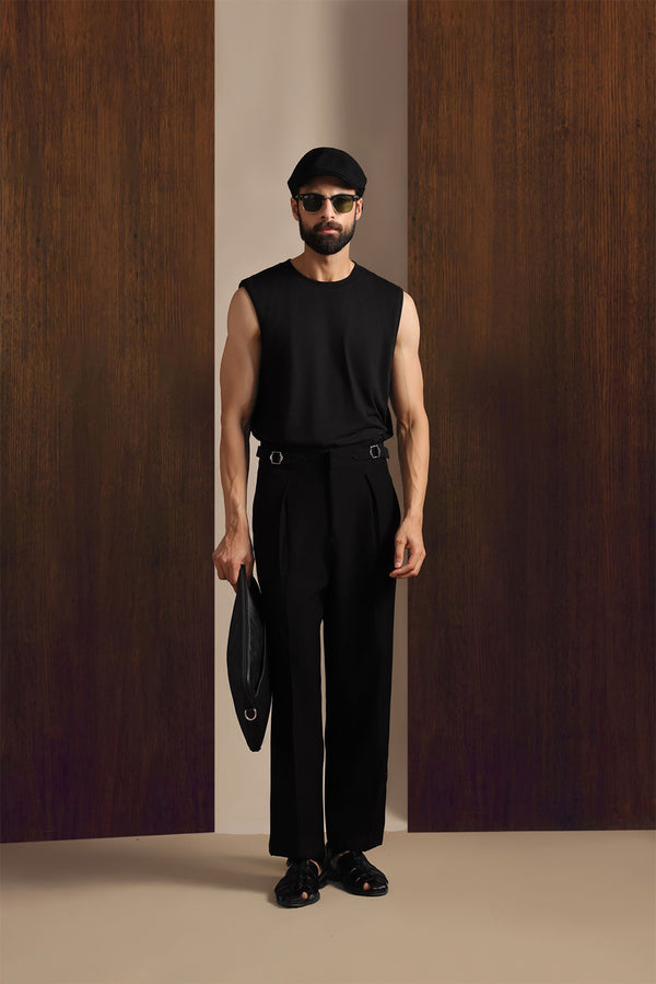 Black Viscose Lux Wide-Leg Trouser with Front Buckle