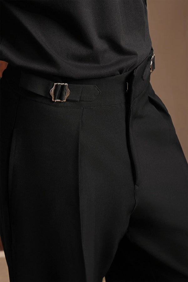 Black Viscose Lux Wide-Leg Trouser with Front Buckle
