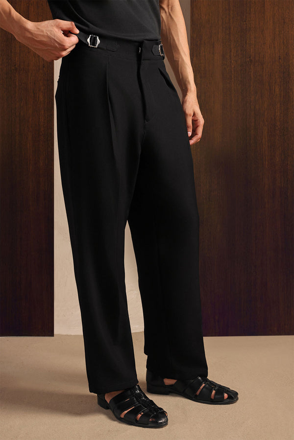 Black Viscose Lux Wide-Leg Trouser with Front Buckle