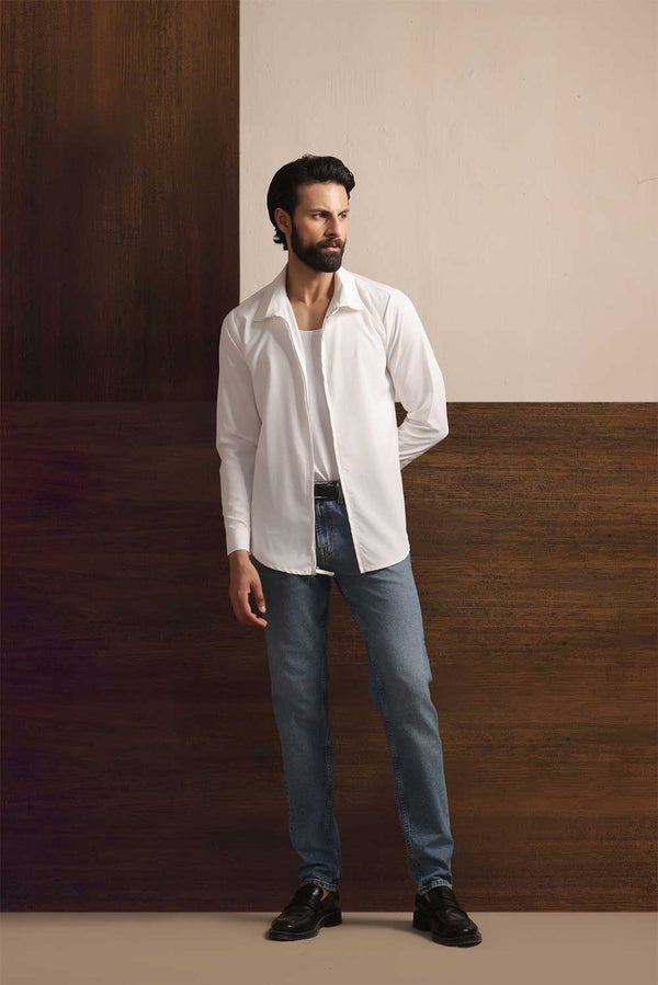 White Metro Crinkle Zip-Up Shirt