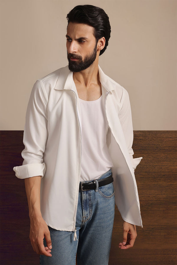 White Metro Crinkle Zip-Up Shirt