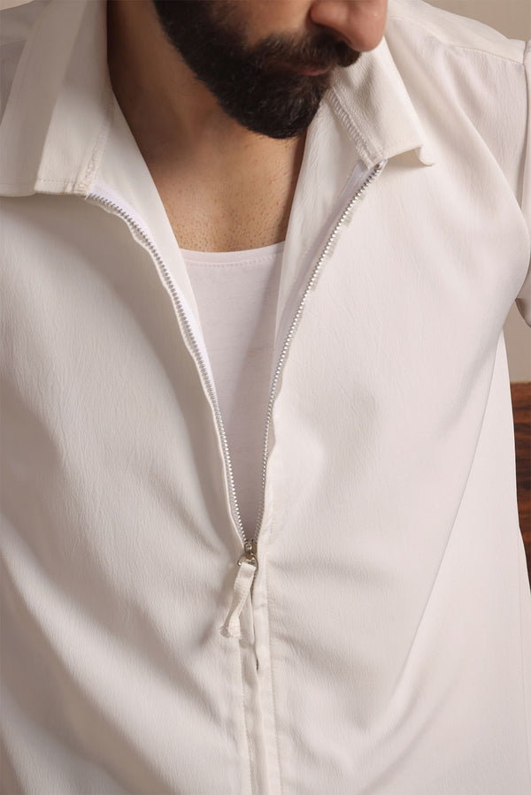 White Metro Crinkle Zip-Up Shirt