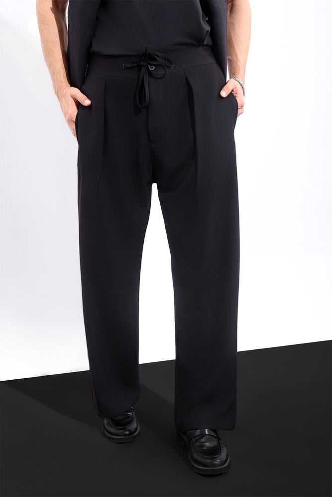 Black Premium Elasticated Wide-Leg Trousers
