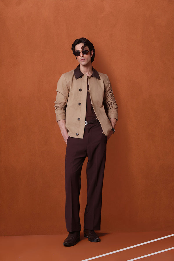 Beige Canvas Jacket With Brown Collar Detail