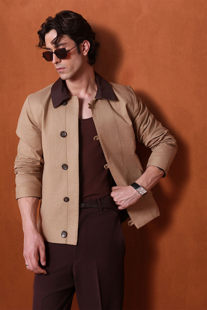 Beige Canvas Jacket With Brown Collar Detail