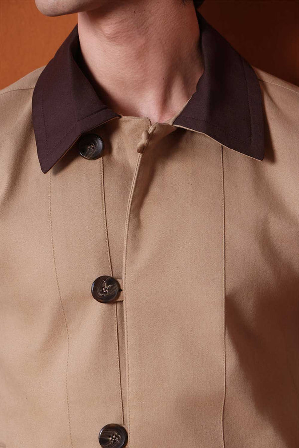 Beige Canvas Jacket With Brown Collar Detail