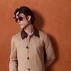 Beige Canvas Jacket With Brown Collar Detail