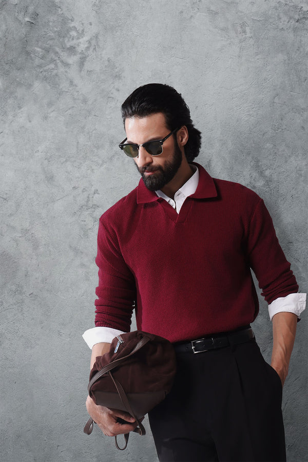 Maroon Textured Knit Polo