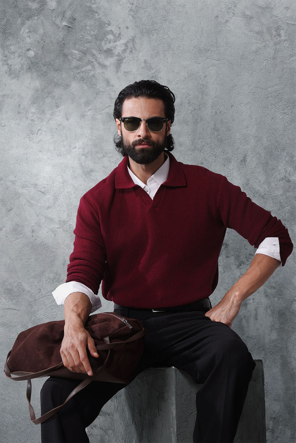 Maroon Textured Knit Polo