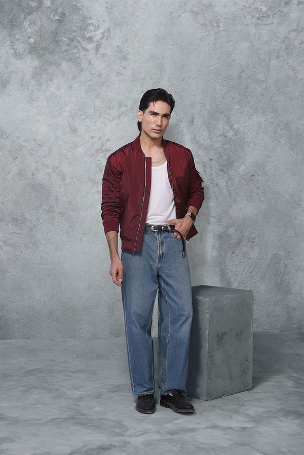 Burgundy Nylon Bomber Jacket