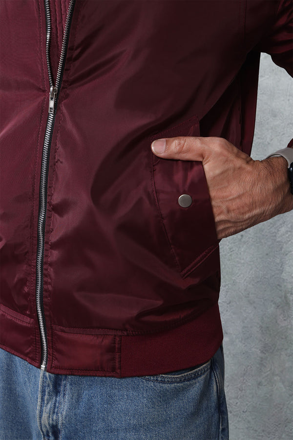 Burgundy Nylon Bomber Jacket
