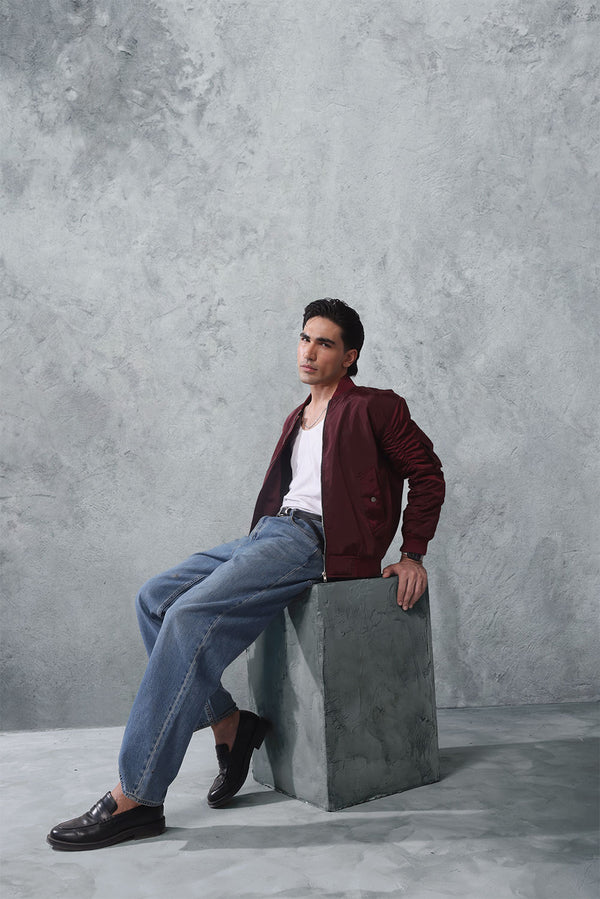 Burgundy Nylon Bomber Jacket