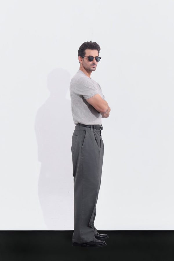 Grey Wide Leg Pleated Chinos