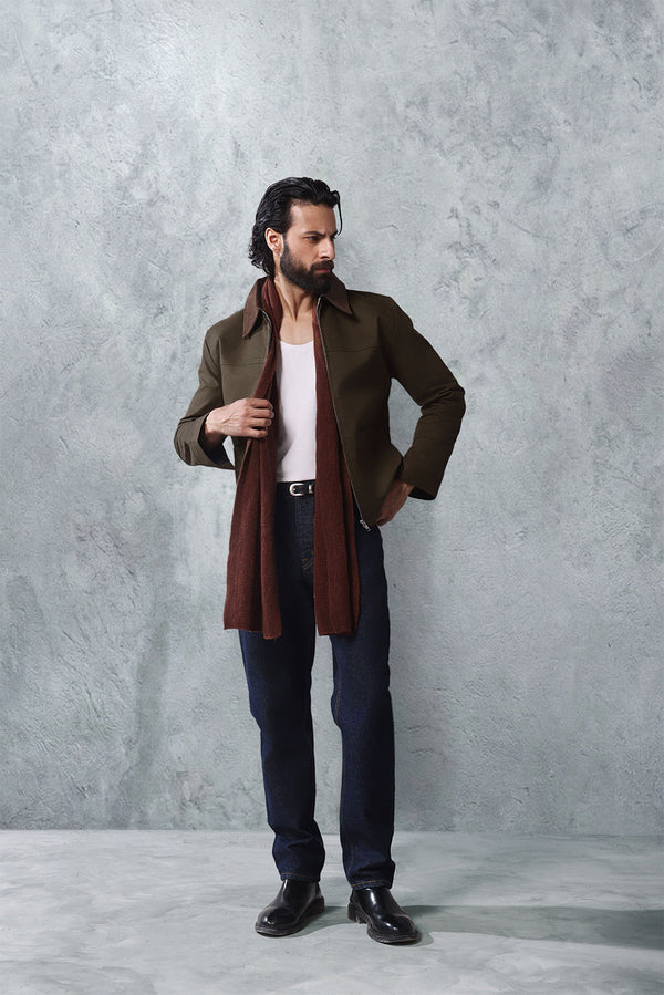 Khaki Canvas Jacket With Brown Suede Collar Detail