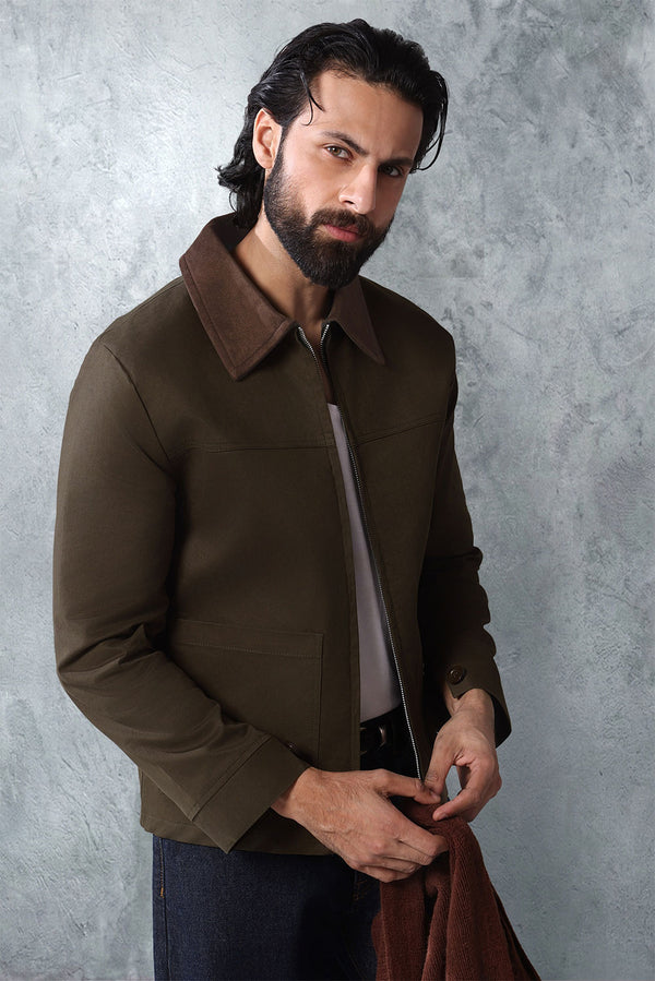 Khaki Canvas Jacket With Brown Suede Collar Detail