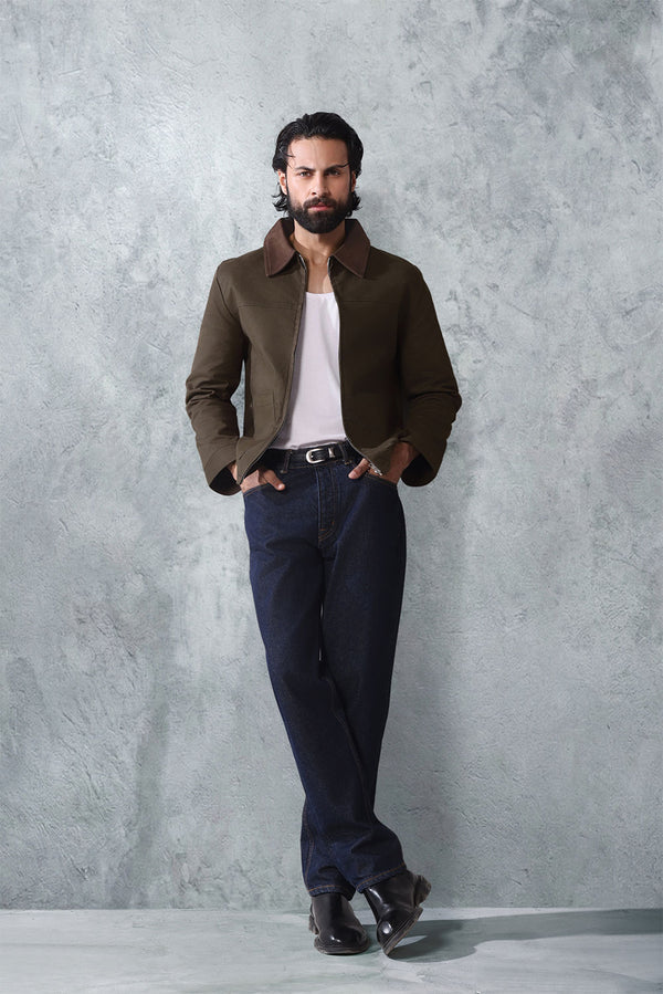 Khaki Canvas Jacket With Brown Suede Collar Detail