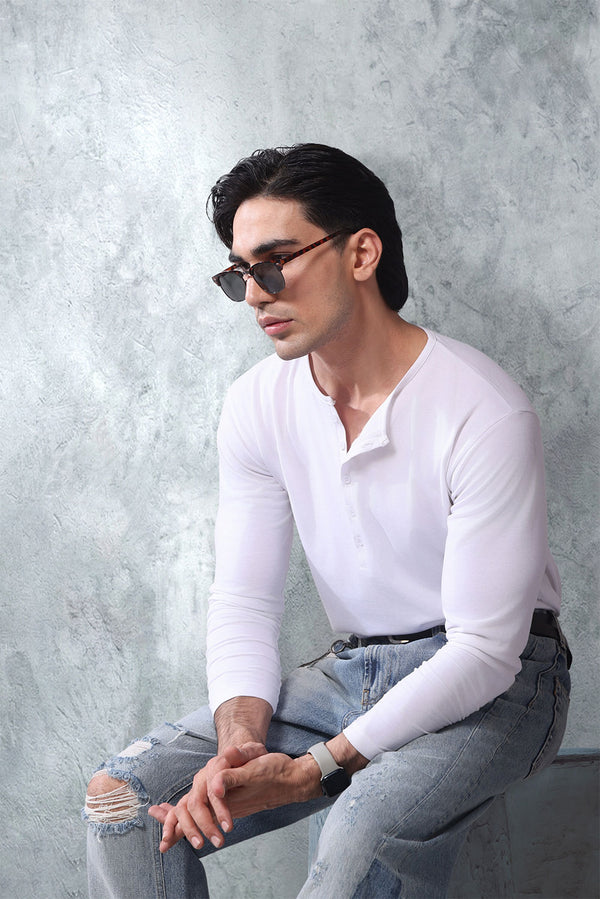 White Five Button Henley