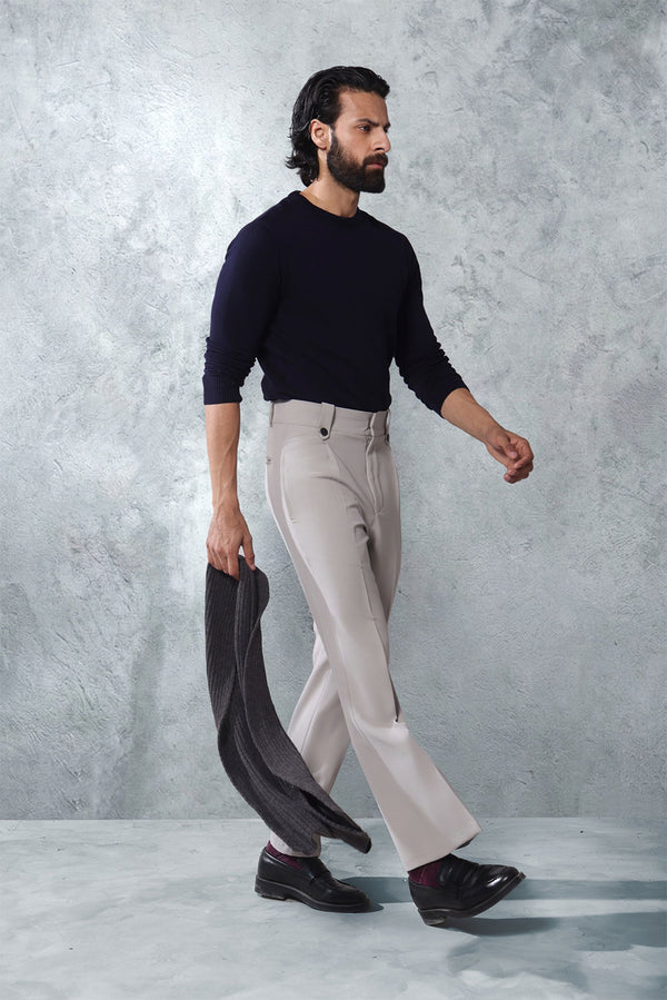 Premium Light Grey Pin Belt Flare Trousers