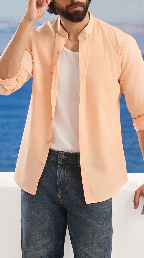 Apricot Cotton With Stand-Up Collar Shirt