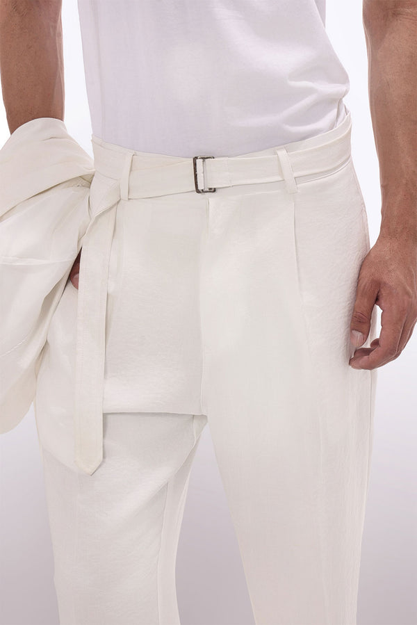 White Viscose Linen Wide Leg Trousers With Belt Detail