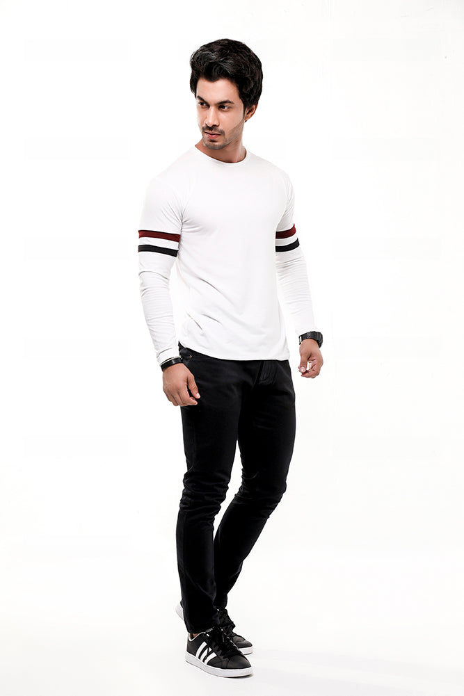 White Contrast Full Sleeve Stripe T-Shirt