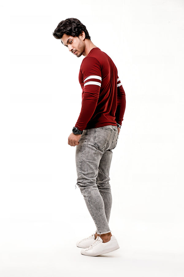 Maroon Contrast Full Sleeve Stripe T-Shirt