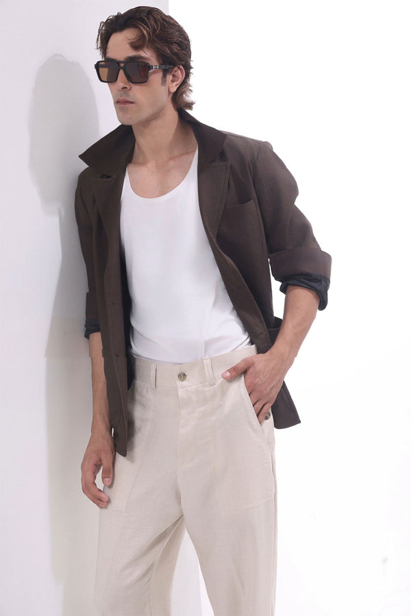 Beige Ashby Viscose Linen Wide-Leg Trousers