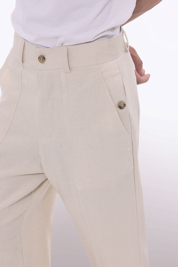 Beige Ashby Viscose Linen Wide-Leg Trousers