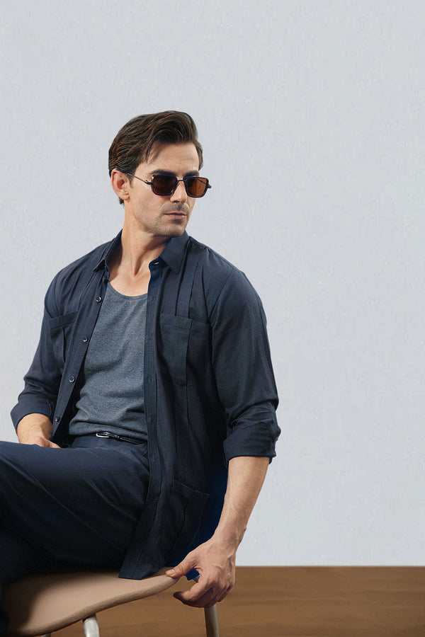 Navy Linen Modern Safari Shirt