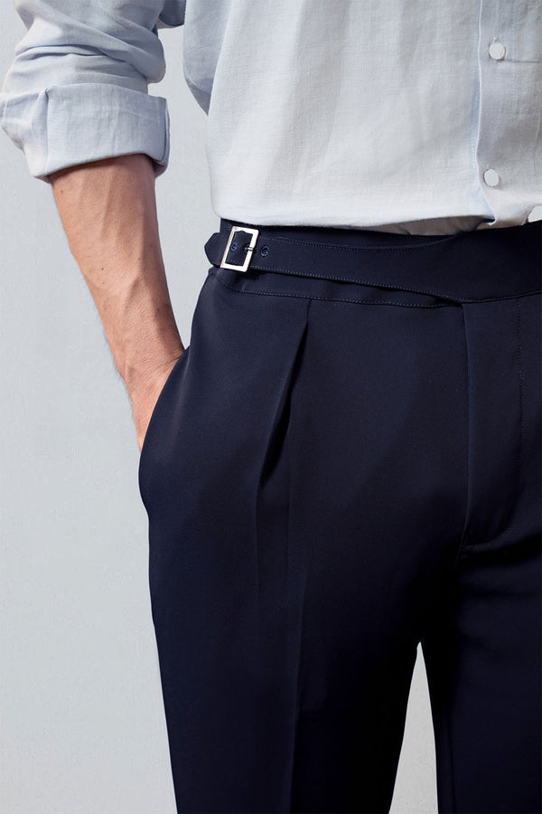 Premium Navy Viscose Classic Buckle Gurkha Pants