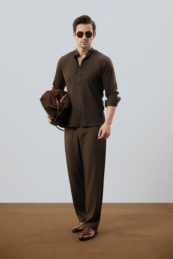 Brown Linen Half Placket Henley Shirt