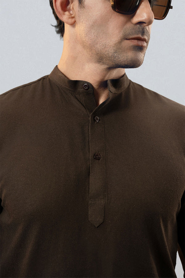 Brown Linen Half Placket Henley Shirt