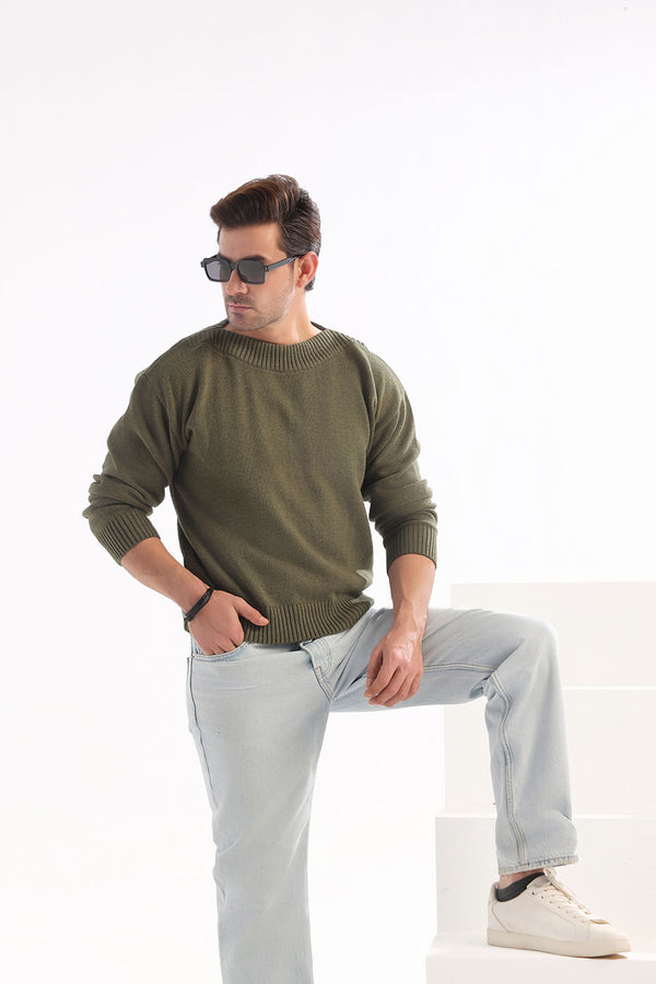 Olive Green Boat Neck Cropped Fit Sweater
