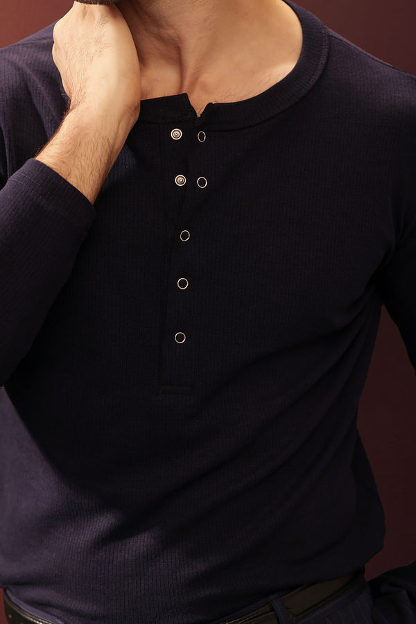 Midnight Navy Ribbed Snap-Button Henley