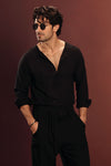 Black Collarless Half-Placket Linen Shirt