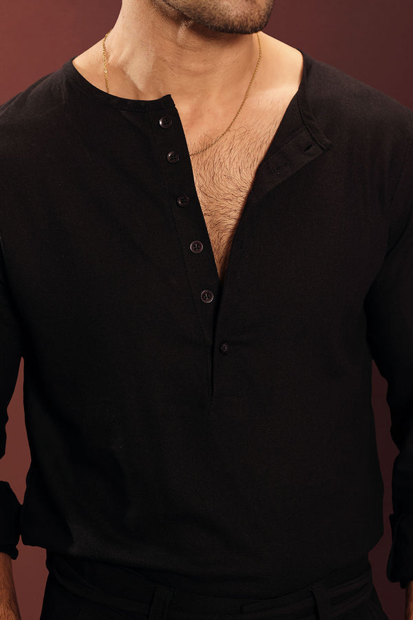 Black Collarless Half-Placket Linen Shirt