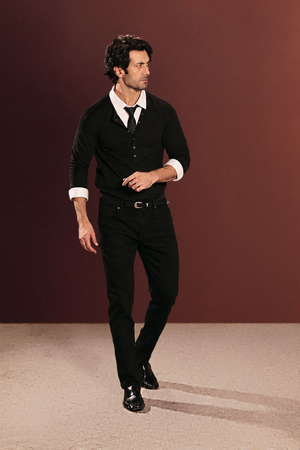 Black Ribbed Snap-Button Henley