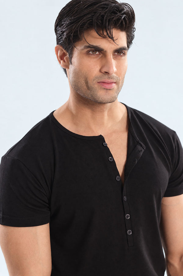 Black Muscle Fit Six Button Henley Tshirt