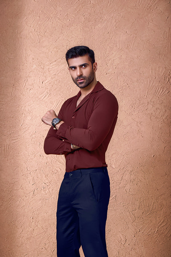 Wine Full Sleeves Cuban Collar Shirt