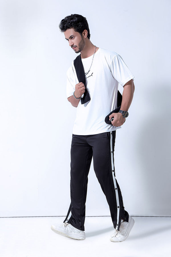 Black Side Tape Popper Tricot Joggers
