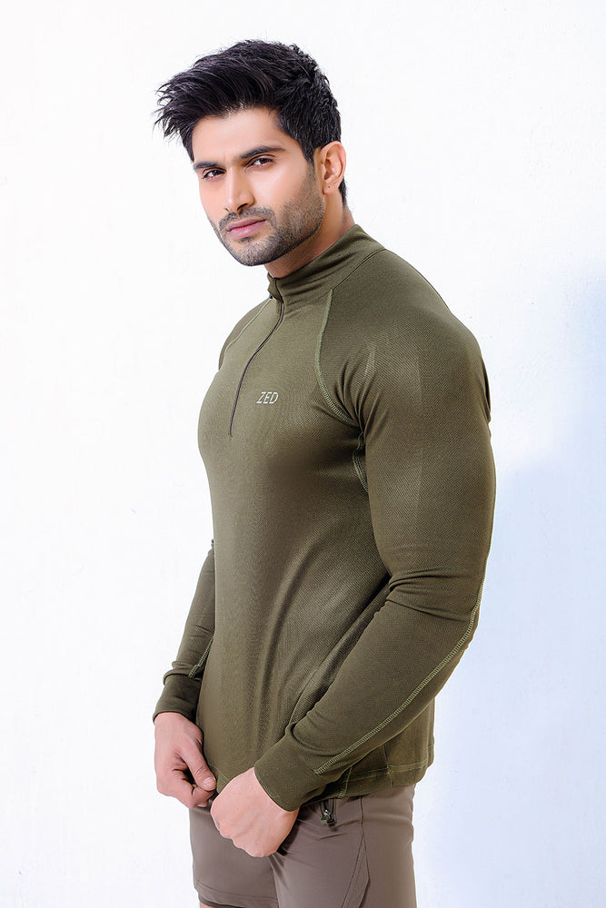 Green Muscle Fit Long Sleeve Running T-shirt With 1/4 Zip