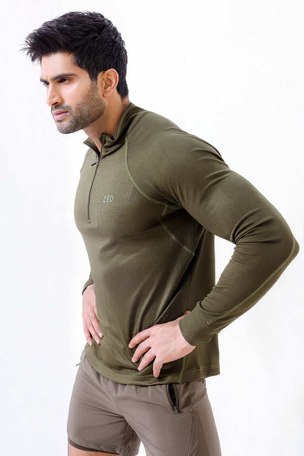 Green Muscle Fit Long Sleeve Running T-shirt With 1/4 Zip
