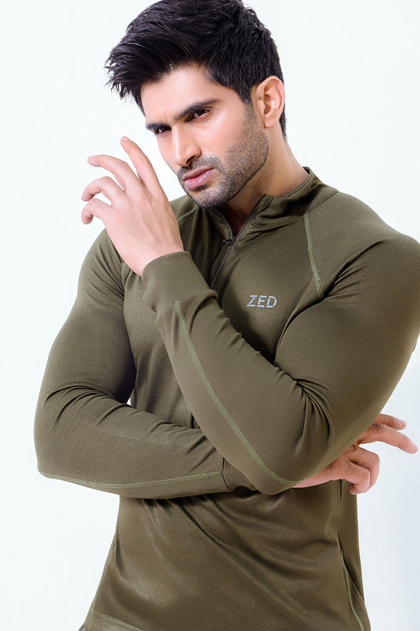 Green Muscle Fit Long Sleeve Running T-shirt With 1/4 Zip