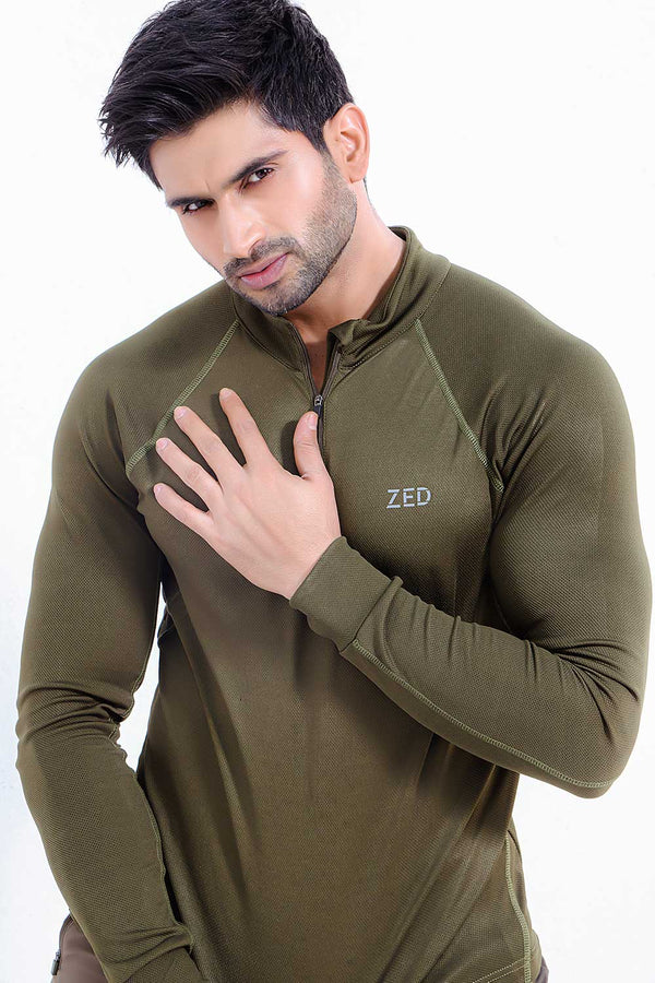 Green Muscle Fit Long Sleeve Running T-shirt With 1/4 Zip